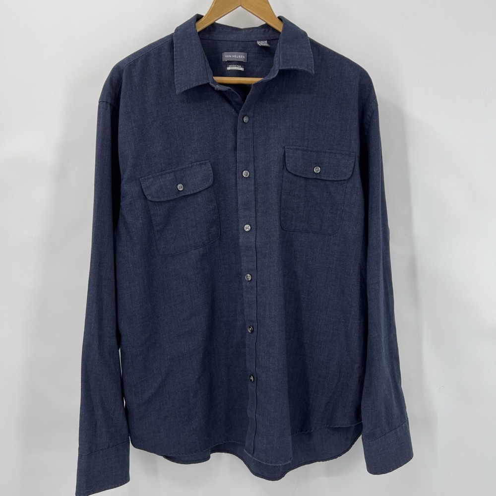 Van Heusen‎ Never Tuck Shirt Mens XL Blue Long Sleeve Chambray Button Up
